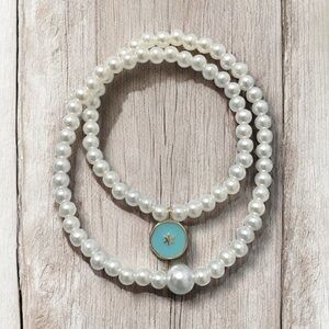 Classic Faux Pearl Lightweight Necklace with Star Gold Plated Blue Charm 16”